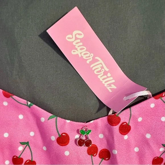 Sugar Thrillz Cherry Munroe Mini Dress Pink Cherry Print BNWT Small Dollskill - Picture 2 of 10